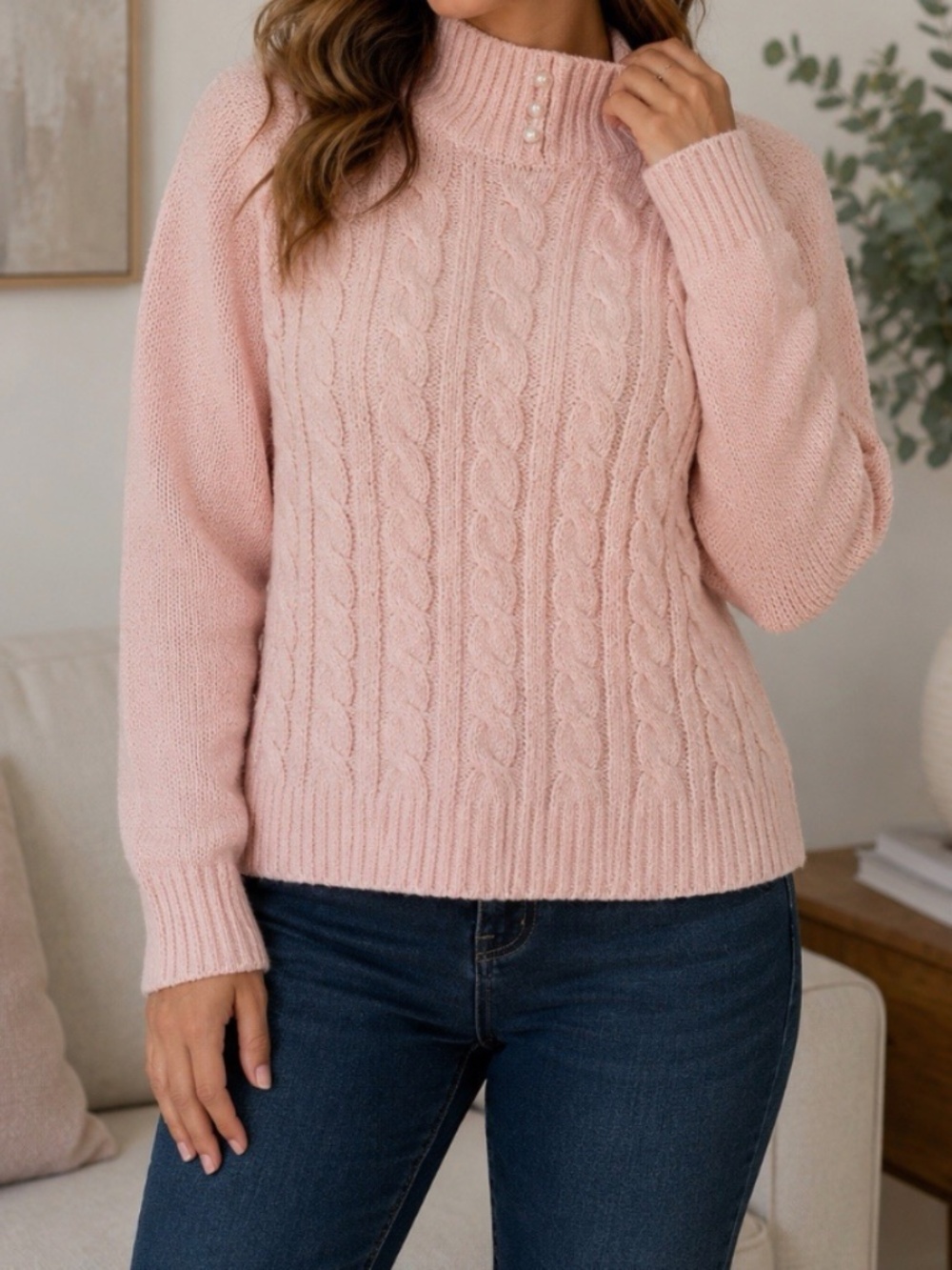 Karen Scott Petite Women’s Pink Cable Knit Mock Neck Sweater Pearl Buttons P/S